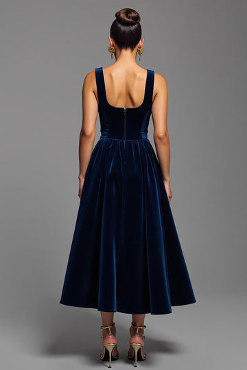 Navy A-Line Square Neck Midi Formal Dress